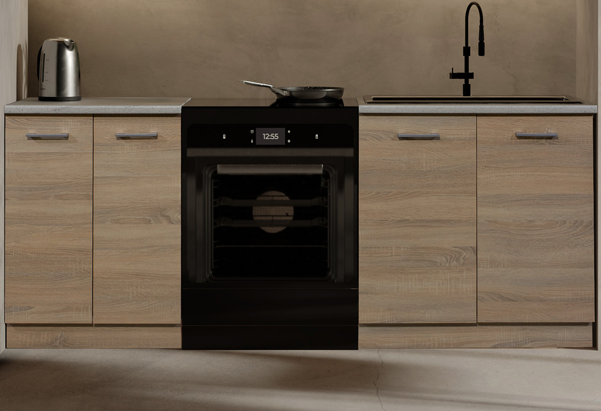 Απεικονίζονται τα ντουλάπια βάσης της έτοιμης κουζίνας.